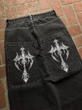 SHOPMOCHO Men Gothic Cross Print Black Denim Baggy Pants Mid Waist Big Pocket Design Loose Fit Hip Hop Streetwear Jeans for Daily Casual