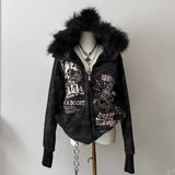 SHOPMOCHO American Fashion New Skull Print Hoodie Women Y2K Vintage Rock Hip Hop Gothic Popular Casual Joker Plus Velvet Padded Sweater