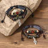 Shopmocho Handmade Hippie Design Brown Leather Bracelet Women Metal Star Note Charms Wood Button Beads Wrap Unisex Adjustable Bracelet