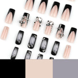Shopmocho 24pcs Glossy Black Fake Nails For Spicy Girls Shimmery Rhinestone French Style Cross Press On Nail Mid-length Coffin Cool Nails