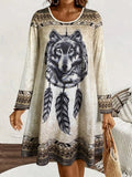 Shopmocho Women’s Long - Sleeve Bohemian Dress, Wolf Print Round neck Dress,Casual Festival & Daily Wear