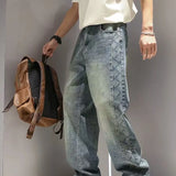 SHOPMOCHO American High Street Fashion Brand Loose Straight Leg Denim Pants for Men, with Patchwork Design and Wide Leg Curved Knife Pants