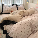 Shopmocho 1.5/1.8 Korean Style 100% Cotton Fitted Sheet Sets with Lace Flower Print Bedding Set for Seasons Home Bedclothes for Adult Kids
