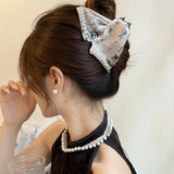 Shopmocho Korean Fabric Plaid Triangular Hair Claw Clips for Women Bow Imitation Pearl Button Acrylic Shark Clip High-end Hair Accessories