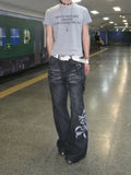 SHOPMOCHO American Retro Flared Jeans Harajuku Wide Leg  Y2k Gothic Vintage Embroidery Women's Denim Pants Baggy Hip Hop Streetwear