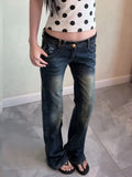 SHOPMOCHO Harajuku Streetwear Women Low Waist Flare Denim Jeans Y2K Vintage Washed Distressed Butterfly Embroidery Rivet Zipper Trousers