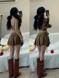 SHOPMOCHO-Y2k American Hot Girl Three Piece Sexy Skirt Suit Lace Maillard Color High Street Design Cardigan Suspender Female Versatile