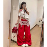 SHOPMOCHO Women's Red Baggy Parachute Pants Oversize Cargo Pants Harajuku Japanese 2000s Style Y2k Gyaru Vintage Trousers Clothes Autumn