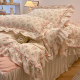 SHOPMOCHO 2/3Pc Korean Princess Style Floral Ruffles Bedding Set Single Queen Size Soft Skin-friendly Washed Cotton Duvet Cover Pillowcase