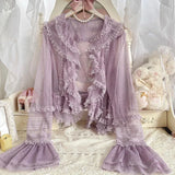 SHOPMOCHO Lolita Sweet Women Shirts Lace Mesh Harajuku Blouse Y2K Aesthetic Long Sleeve Preppy Style Female Cardigan Japanese Ruffles Tops