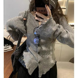Shopmocho Deeptown Y2k Grey Vintage Women Kint Sweater Harajuku Long Sleeve Cardigan Irregular Korean Fashion Slim Autumn Jerseys Casual