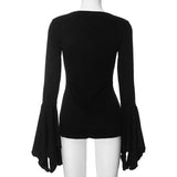SHOPMOCHO Goth Dark Fairy Grunge Flare Sleeve V-neck T-shirts Gothic Split Sexy Lettuce Hem Female Blouses Y2k Black Slim Fashion Alt Tops