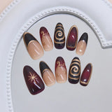 SHOPMOCHO 24pcs Golden Lines Patterns False Nails Dark Purple Blush French Fake Nails for Spice Girls Sweet Cool Almond Ins Nails Press On