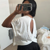 Shopmocho 2025 Summer Gothic Slim Retro Back Hollow Casual Short-sleeved T-shirt Y2k Style Harajuku Cut Top Casual Street White Crop Top