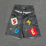SHOPMOCHO American style hip-hop letter splicing denim shorts millennium retro personality fashion fake two-piece gothic rock
