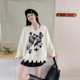 Shopmocho Winter American New Green Bow Neck Sweater Women Loose Print Pattern Vintage High Street Lazy Wind Knitted Sweater