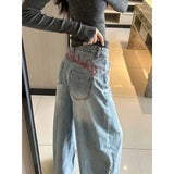 SHOPMOCHO Y2k Light Blue Baggy Jeans Women Red Stitch Embroidery High Waist Wide Leg Denim Pants Streetwear Casual Y2K Grunge Trousers New
