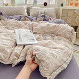 SHOPMOCHO Puple Flower Printed Duvet Cover with Lace Double-layered Yarn housse de couette 220x240 Single/Queen/King Size Comforter Cover