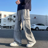 SHOPMOCHO 2025 new men's cement grey work jeans Y2K street hip-hop large pocket wide-leg straight jeans trousers jogging black light blue
