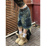 SHOPMOCHO Trendy American Retro Oversized Big Pocket Workwear Cropped Pants for Women High Street Straight Tube Loose Wide Leg Short Jeans