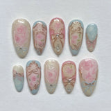 Shopmocho 24pcs Sweet False Nail Patches Detachable Fake Nail Tips With Bowknots Love Heart Pearl Design Pink Almond Korean Press On Nail