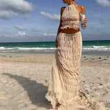 SHOPMOCHO-Women Boho Sexy Backless Matching Suit 2 Piece Beach Holiday Outfits Vintage Ruched Halter Cami Tops + Maxi Long Skirt Party