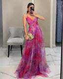 SHOPMOCHO-Elegant Print Pleated Mesh Evening Dress Sexy Off Shoulder Ins Vacation Long Dress Summer V Neck High Waist Backless Sling Dress