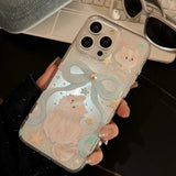 Shopmocho Cartoon Cat Case for iPhone 11 12 13 14 Plus 15 Pro MAXS Pearl Phone Case Shiny Bow Lanyard Shockproof Bumper Cover