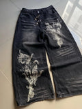 SHOPMOCHO American Vintage New Pattern Printing Black Baggy Jeans Men Y2K Gothic Harajuku Hip Hop Popular Casual Joker Wide-leg Pants