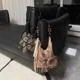 Shopmocho Chinese Style Rose Decor Shoulder Bags Fashion Commuter Tote Bags Classic Pleated Handbags High Quality Women Underarm Bags