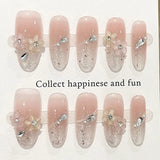 SHOPMOCHO Sweet Lovely Cartoon Bear Long Coffin Stiletto Fake Nails Bowknot Pearl Diamond Flowers Cat Eyes Wearable Fake Nails
