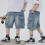 SHOPMOCHO Boys' Workwear Denim Shorts Summer 2026 New Teenage Children's Pocket Design Outdoor Wear Loose Jeans Big Kids Mid-Pants