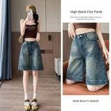 SHOPMOCHO Shorts Female Jeans Summer Wide Leg Loose Fit High Waist Denim Shorts Women's Denim Five Points Mid Length Trousers