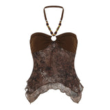 SHOPMOCHO-Fashion Retro Print Beading Halter Women Tanks Chic Trendy Sexy Slim Fit Spliced Summer New Blouses