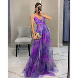 SHOPMOCHO-Elegant Print Pleated Mesh Evening Dress Sexy Off Shoulder Ins Vacation Long Dress Summer V Neck High Waist Backless Sling Dress