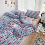 SHOPMOCHO Simple Red and Blue Striped Duvet Cover and Four Piece Bed Sheet Set with Washed Cotton Bedding on the Bed