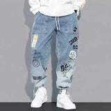 SHOPMOCHO Korean Clothing  Men Letter Printed Jeans High Waisted Baggy Jeans Cartoon Graffiti Hip-Hop Pants Blue Jeans