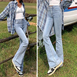 Shopmocho Woman Elastic High Waist Bell Bottom Jeans Female High Street Designer Flare Pants Lady Fashion Blue Black Gothic Denim Trousers