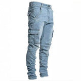 SHOPMOCHO Men Street Elastic Denim Jeans Wash Solid Color Multi Pockets Cargo Pants Casual Slim Fit Daily Wear Joggers Mid Waist Trousers