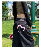 SHOPMOCHO Women's Pink Heart Print Denim Straight Leg Jeans Loose Casual Floor-Length Long Pants Ladies Loose Fit Original Style