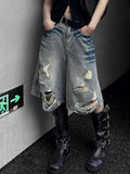SHOPMOCHO American Street Washed Blue Denim Shorts Y2k E-Girl High Waist Loose Wide Leg Jeans 2026 New Hole Straight Knee-Length Pants