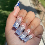 Shopmocho 24pcs Y2k Summer Sea Blue Gradient Fake Nails With Water Ripples Designs Long Square Coffin False Nails Set Press On Nail Tips