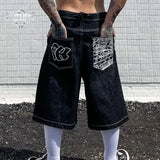 SHOPMOCHO Men Denim Shorts American Vintage Streetwear Shorts Harajuku Unisex Loose Fit Straight Leg Five Length West Coast Casual Fashion