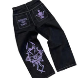 SHOPMOCHO Retro Skull Embroidery Y2K Jeans Mens Hip Hop Washed Baggy Denim Pants New Straight Casual Loose Wide Leg Trouser Streetwear