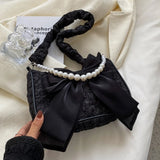 SHOPMOCHO White Folds Pearl Female Bag Retro Luxury Designer Handbag Bow Crossbody Bags Fashion Y2K Vintage Women's Shoulder Bag Purses