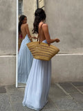 Shopmocho Casual Women's Blue Pleated Sling Long Dress Elegant Sleeveless Backless Off Shoulder Slim Fit Dresses Beach Party Women's Robe