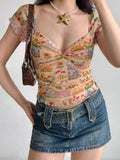 Shopmocho Women Summer New Floral Print Mesh Slim Fit Crop Top Sexy Deep Neck Short Sleeve T-Shirt Women Spicy Girl Top