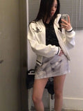 SHOPMOCHO Japanese Subculture Anime Geometric Embroidery Short Jacket Aesthetic Women's Stand Collar Zipper Contrasting Slim Casual Jacket