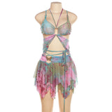 Shopmocho Women Y2k Ruffle Butterfly 2 Piece Outfit Sexy Fairy Backless Crop Top Wrap Mini Skirt Set Rave Festival Matching Set