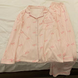 SHOPMOCHO Pink Bow Tie Design Pajamas for Women Long Sleeve Top & Elastic Waist Pants Pajamas Set Harajuku Style Casual New Home Wear